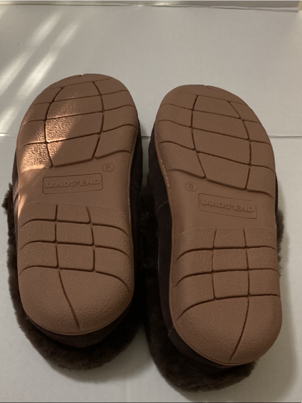 NEW ( NWOT) Lands' End Brown Faux-Fur Moccasin Slippers with Rubber Soles. - Picture 2 of 7